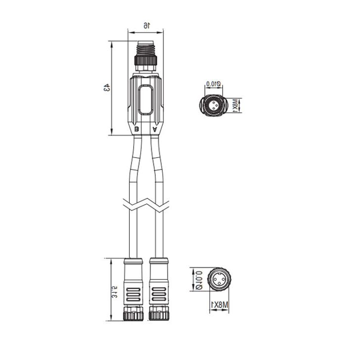 M8 3Pin Male /2M8 3Pin female, Y-shaped precast PUR tow cable, black sheathing, 63D341-XXX