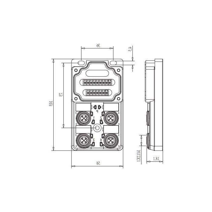 M12 junction box, dual channel, Without LED, 4-port split, PCB terminal, 24W40G