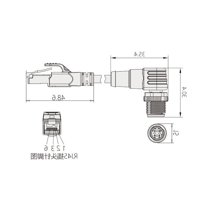 M12 4Pin D-coded male 90° turn RJ45 Male straight, double-ended precast PVC non-flexible cable with shielding, green sheath, 0C4533-XXX