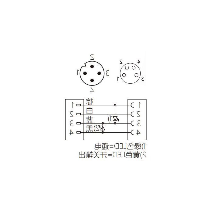 M8 to M12 4Pin, M8 straight female head with LED light to M12 straight male head, double-ended pre-cast PVC non-flexible cable, gray sheathing, 63D313-XXX