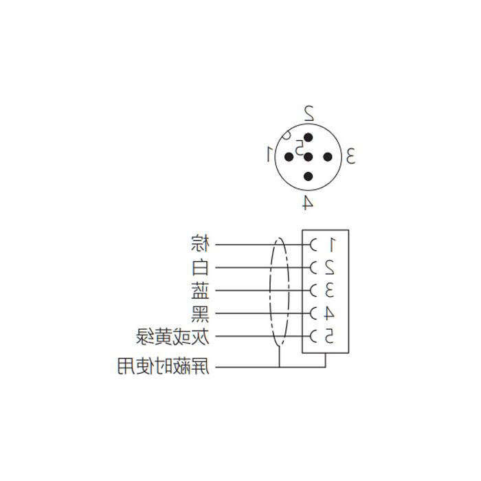 M12 5Pin, male head 90°, pin 5 yellow-green, single-end precast PUR flexible cable, black sheath, 64S569-XXX